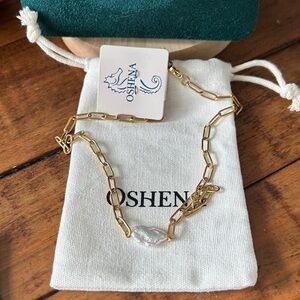 Oshena‎ designer beachwear Gold paperclip Necklace with baroque Pearl pendant